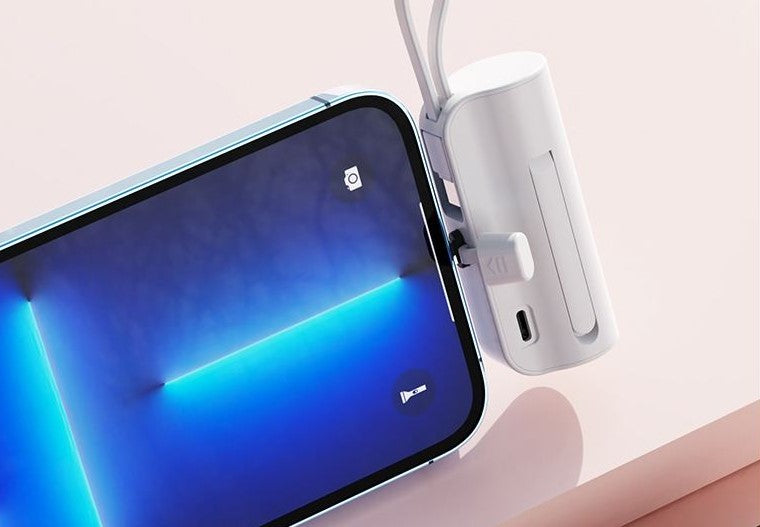 8000Mah Mini Power Bank With Lightning Pin And Type C Cable - White