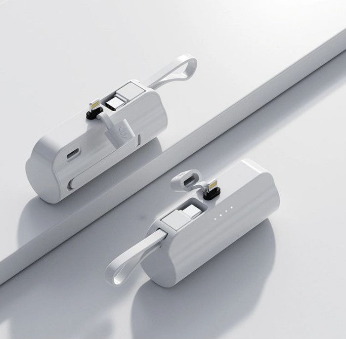 8000Mah Mini Power Bank With Lightning Pin And Type C Cable - White