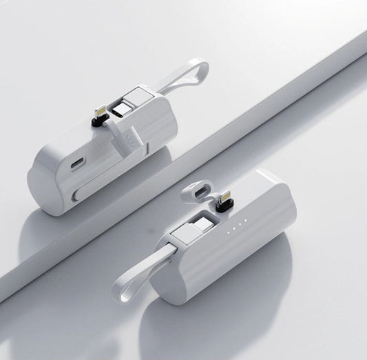 8000Mah Mini Power Bank With Lightning Pin And Type C Cable - White