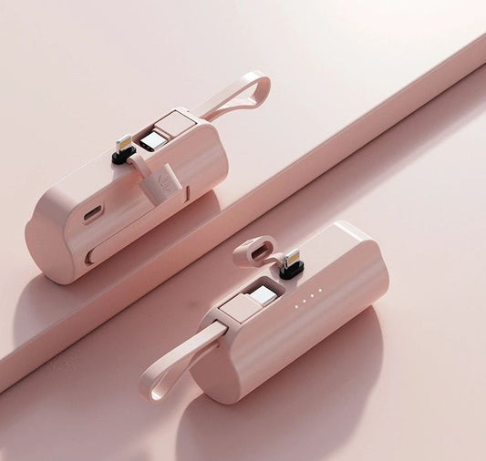 8000Mah Mini Power Bank With Lightning Pin And Type C Cable - Pink