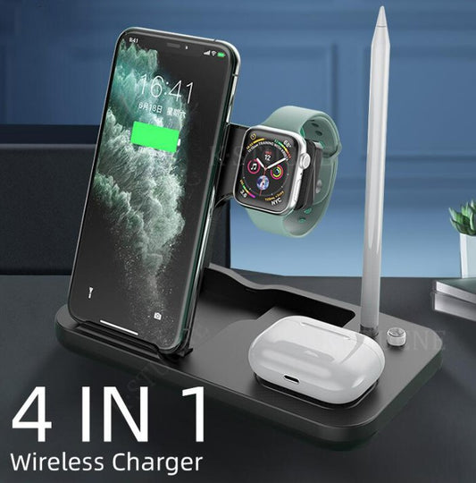15W Fast Charge 4 In 1 QI Wireless Charger Dock Station - Black