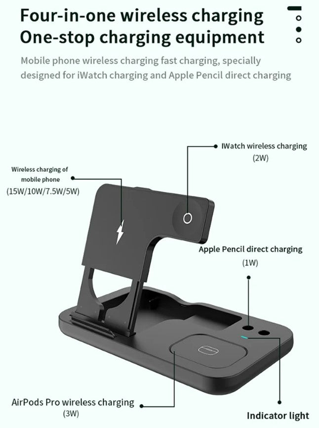 15W Fast Charge 4 In 1 QI Wireless Charger Dock Station - Black