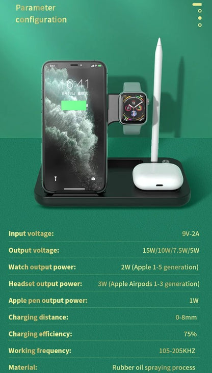 15W Fast Charge 4 In 1 QI Wireless Charger Dock Station - Black