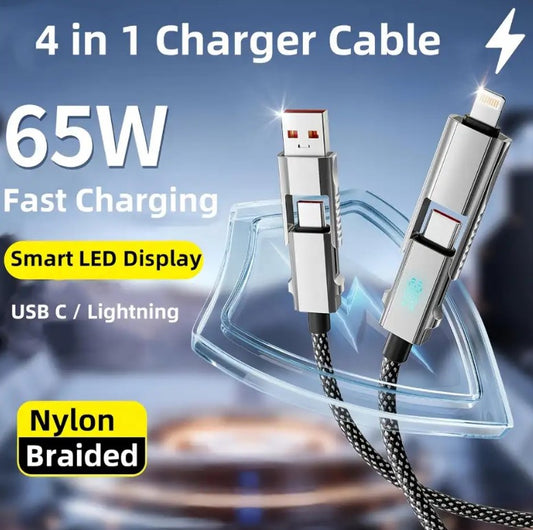 4 in 1 LED Display Multi Charger Cable - Dual USB C/USB A/Lightning Fast Charging Cable - 65W