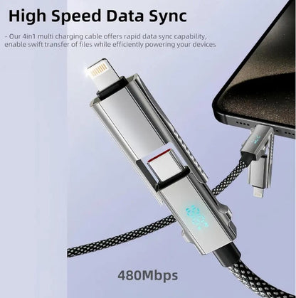 4 in 1 LED Display Multi Charger Cable - Dual USB C/USB A/Lightning Fast Charging Cable - 65W